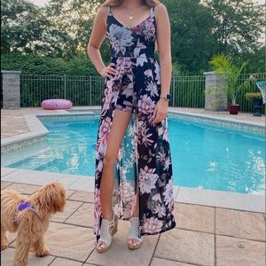 Black Spaghetti-strap Maxi Dress w/ flowers